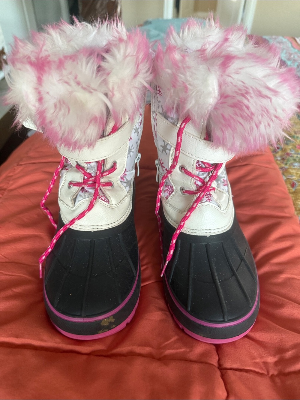 Kids Pink and White Faux-Fur Winter Boots